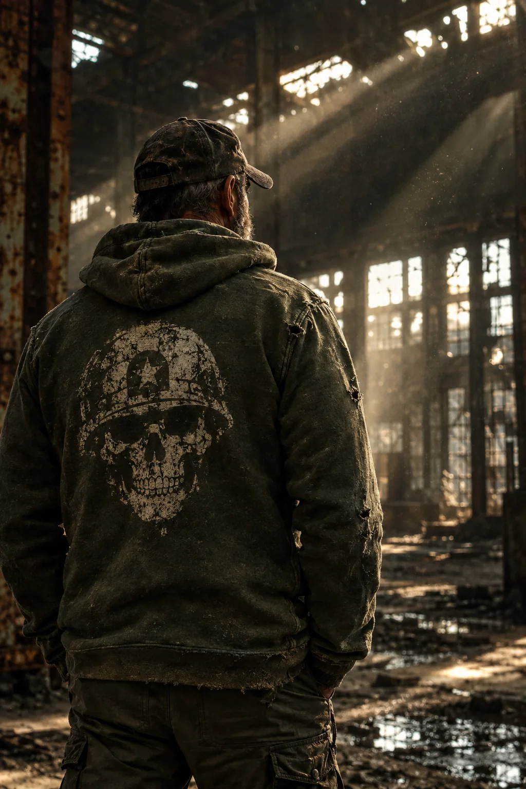 Veteran wearing a distressed olive-drab hoodie with a faded skull-and-helmet print, standing in an abandoned warehouse