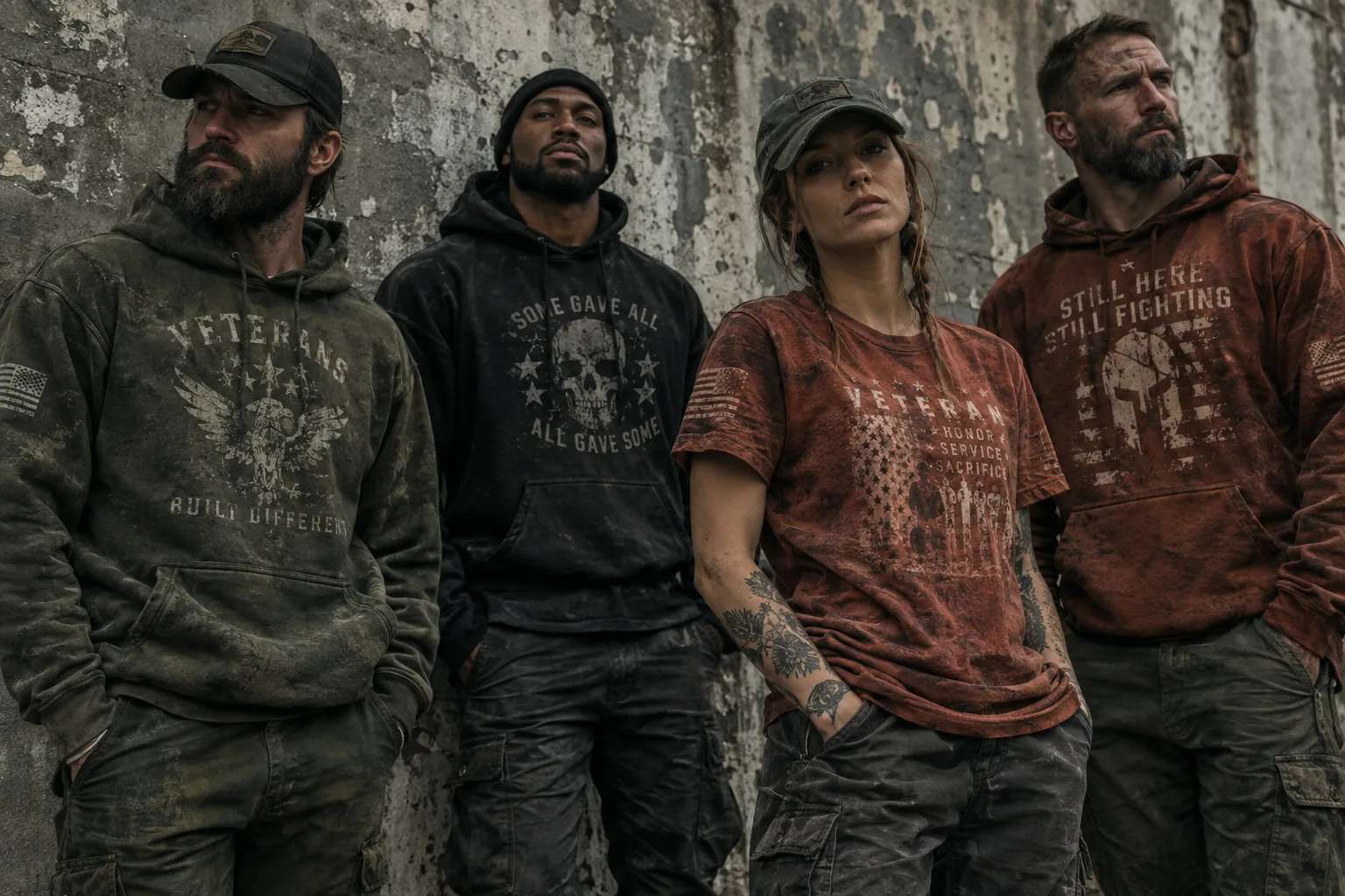Four veterans wearing Military Grunge hoodies and tees against a weathered concrete wall