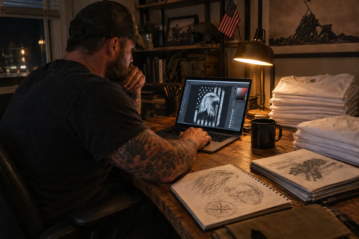 A veteran designing t-shirt graphics late at night at a desk in a home office